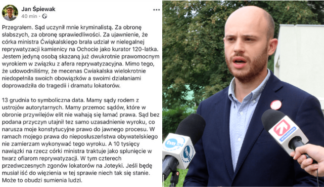 Jan Śpiewak skazany, sąd utajnił wyrok, "13 grudnia, sądy wciąż po stronie elit"