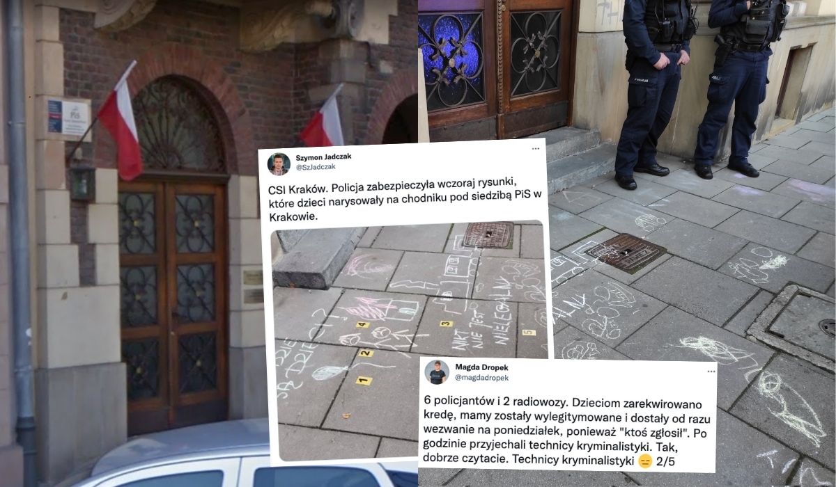 Kraków: policja zabezpieczyła kredę i rysunki na chodniku, bo rodzice z dziećmi malowali pod biurem PiS