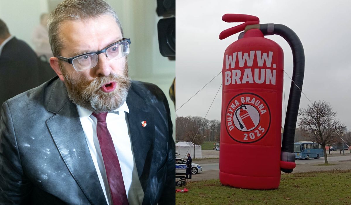 Grzegorz Braun alarmuje, że narodowcy zabrali jego wielką, czerwoną, dmuchaną gaśnicę