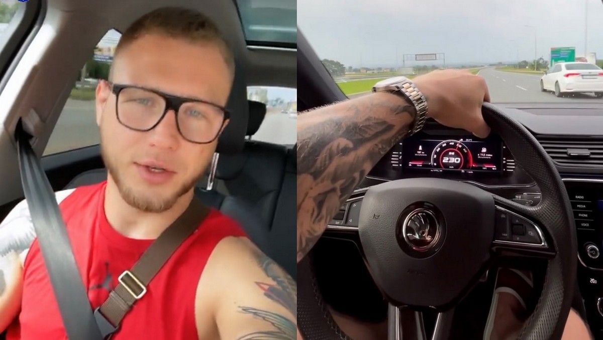 Raper Kubańczyk kręci InstaStories, jadąc 230 km/h w klapkach