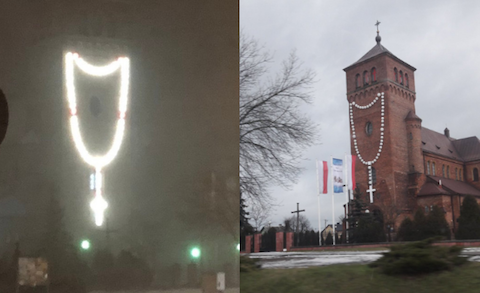 Proboszcz zawiesił gigantyczny różaniec na kościele. Zapłaci 10 tysięcy kary