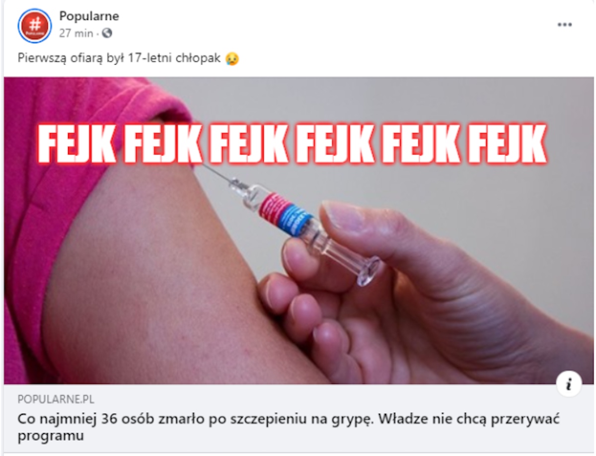 Serwis "Popularne" podał fejka o śmierci przez szczepionkę na grypę
