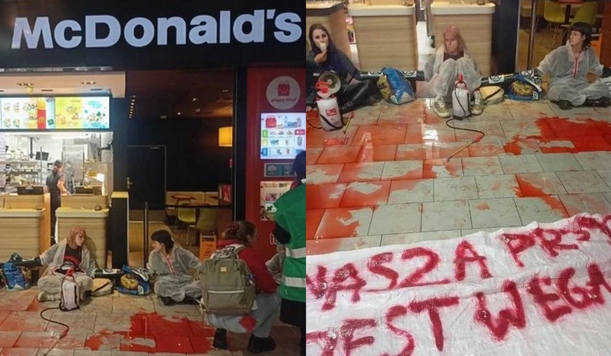 Grupa Extinction Rebellion zablokowała McDonald's w Bydgoszczy w ramach protestu przeciwko mięsożercom