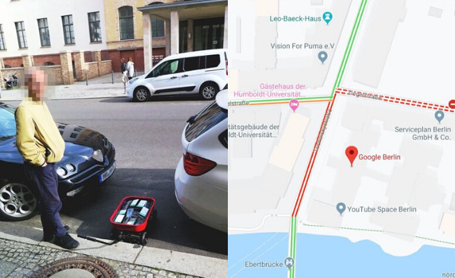 Niemiecki artysta stworzył sztuczny korek w Google Maps, woził w wózku 99 smartfonów