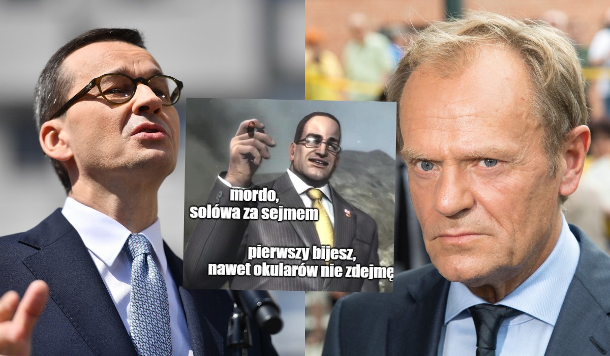 Premier Morawiecki z nagłym przypływem odwagi ciśnie Tuskowi od oszustów i każe mu iść po rozum do głowy