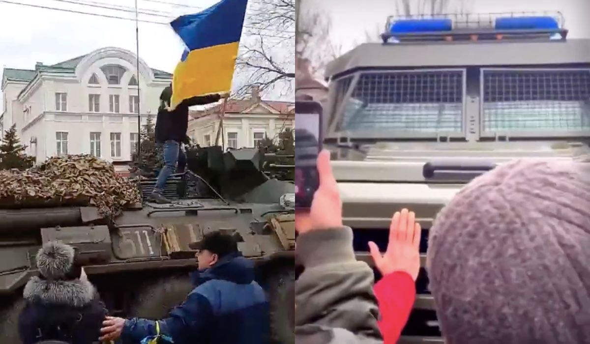 Ukraińcy wychodzą do rosyjskich żołnierzy z gołymi rękami protestować przeciwko okupacji