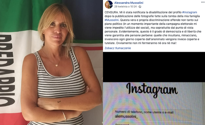 Instagram zablokował konto Alessandry Mussolini za zdjęcie grobu dziadka