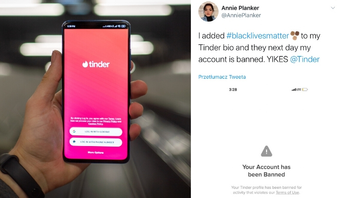 Tinder zaczął banować za BlackLivesMatter w opisach, ale już przestał