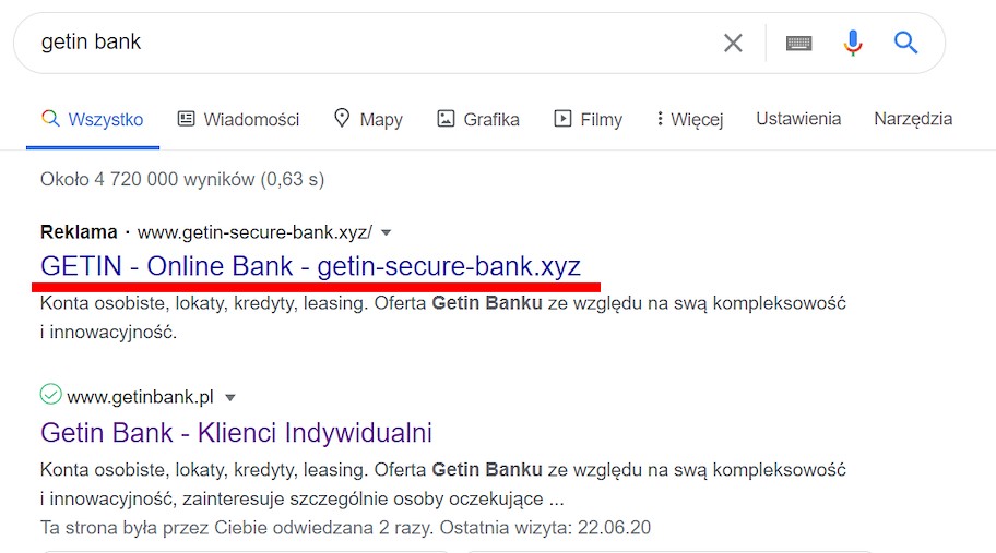 Hakerzy atakują podrobionymi stronami banków, które dzięki reklamom są wysoko w wyszukiwarce
