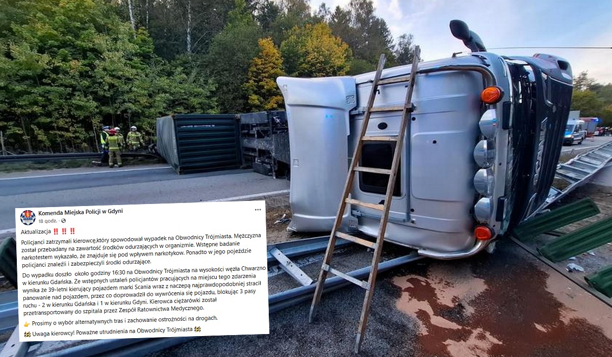 Trójmiasto: kierowca ciężarówki zaliczył wywrotkę na obwodnicy, bo był tak mocno porobiony