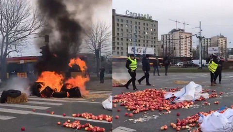 Protest rolników w Warszawie. Podpalili opony, rozsypali jabłka i świńskie łby