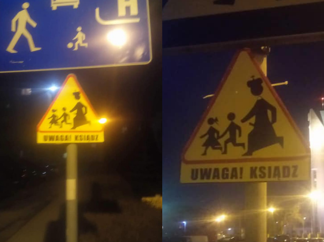 Toruń: kontrowersyjny znak z księdzem w okolicach kościoła