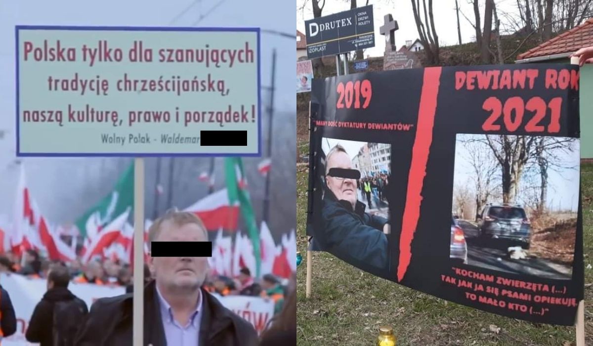 Sąsiedzi byłego senatora PiS również czują pewną niechęć i wywiesili plakat "dewiant roku"