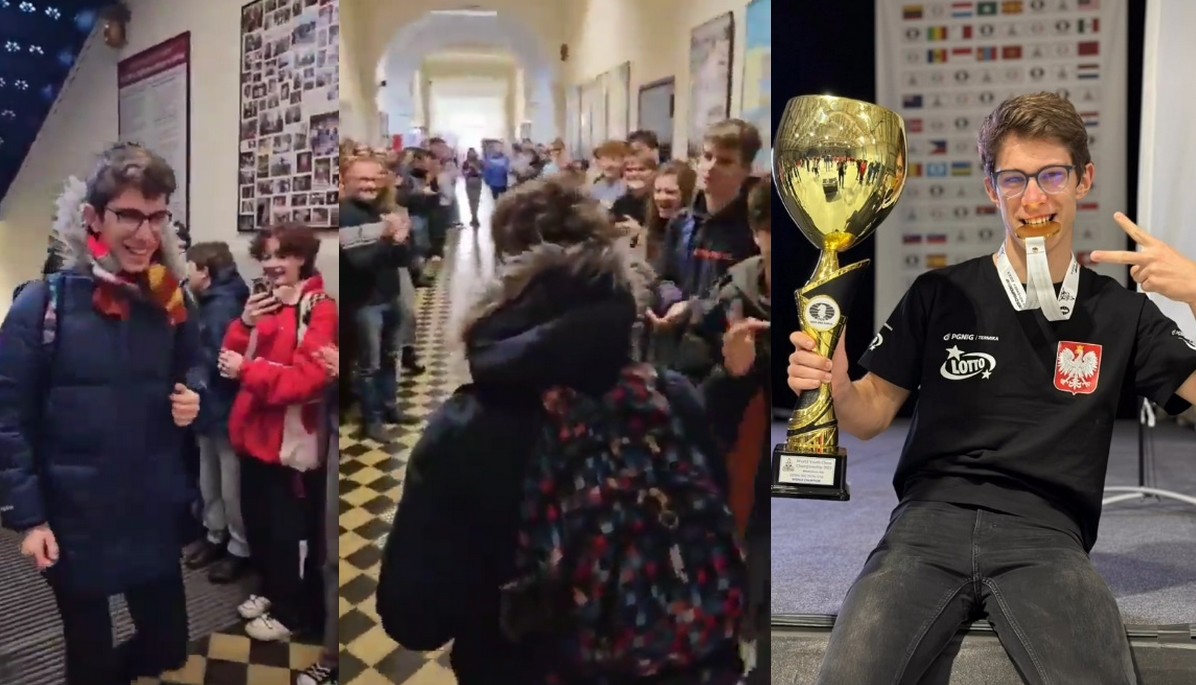 Jakub Seemann przywitany oklaskami w szkole, po tym jak pozamiatał na mistrzostwach świata w szachach