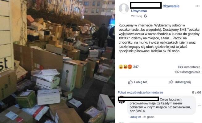 Warszawa: stosy paczek na ziemi obok paczkomatu, kurier zwolniony