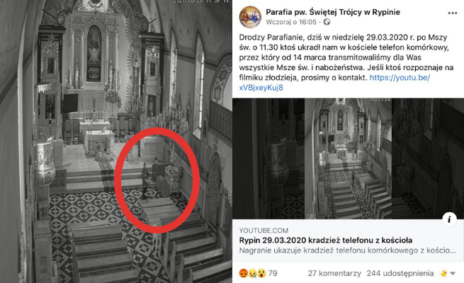 Rypin: ktoś ukradł telefon, którym nagrywano msze dla wiernych, co zostało nagrane monitoringiem