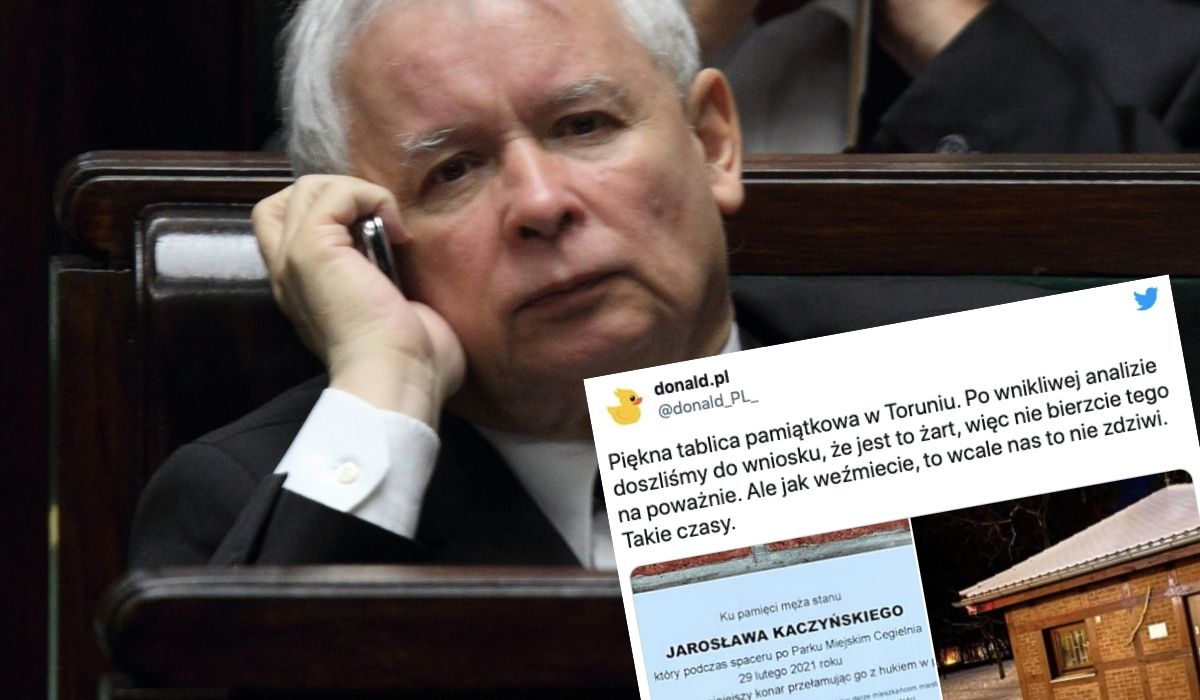 Toruń: ktoś powiesił dla beki tablicę pamiątkową o wizycie Jarosława Kaczyńskiego i jak nadepnął na konar, została usunięta