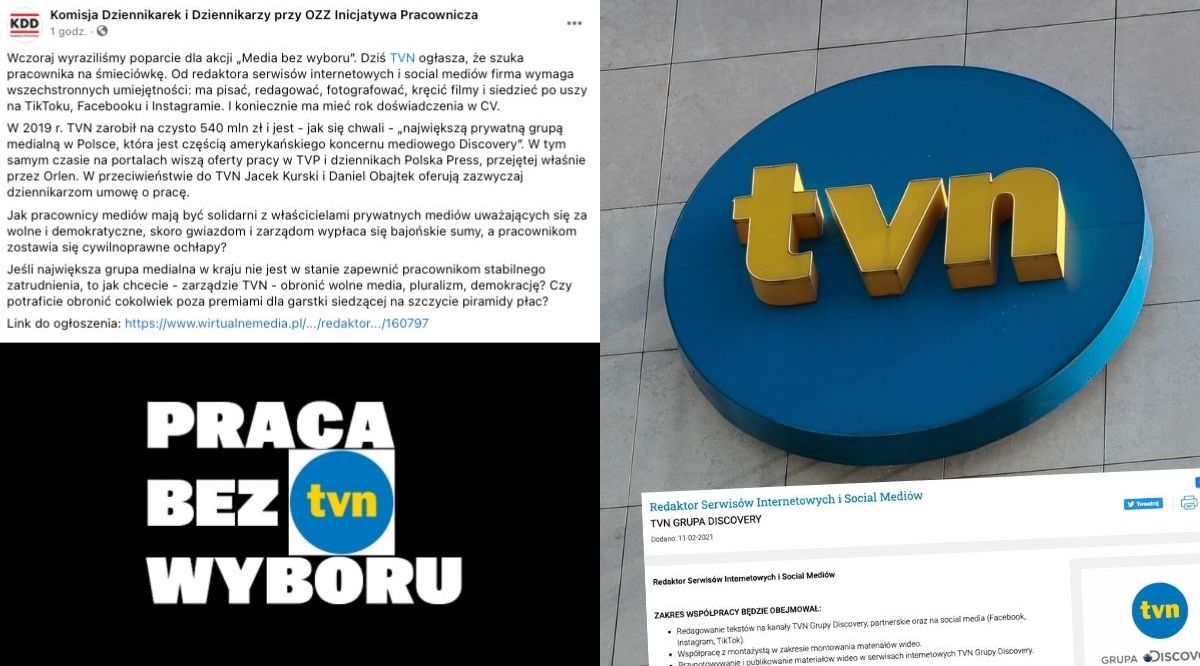 Dzień po proteście mediów TVN robi śmieciową rekrutację, związki zawodowe dziennikarzy pytają, jak to jest