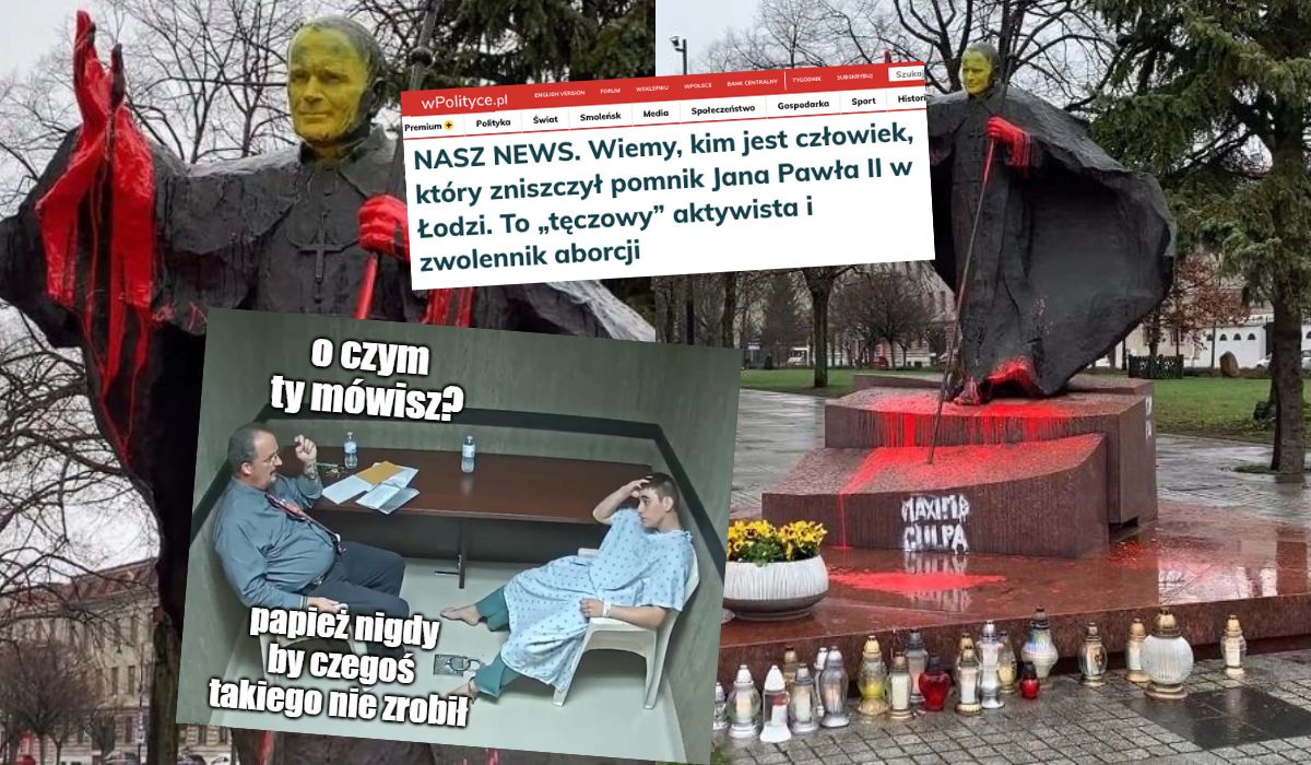 Łódź: policja zatrzymała mężczyznę, który oblał pomnik papieża na żółto i na czerwono