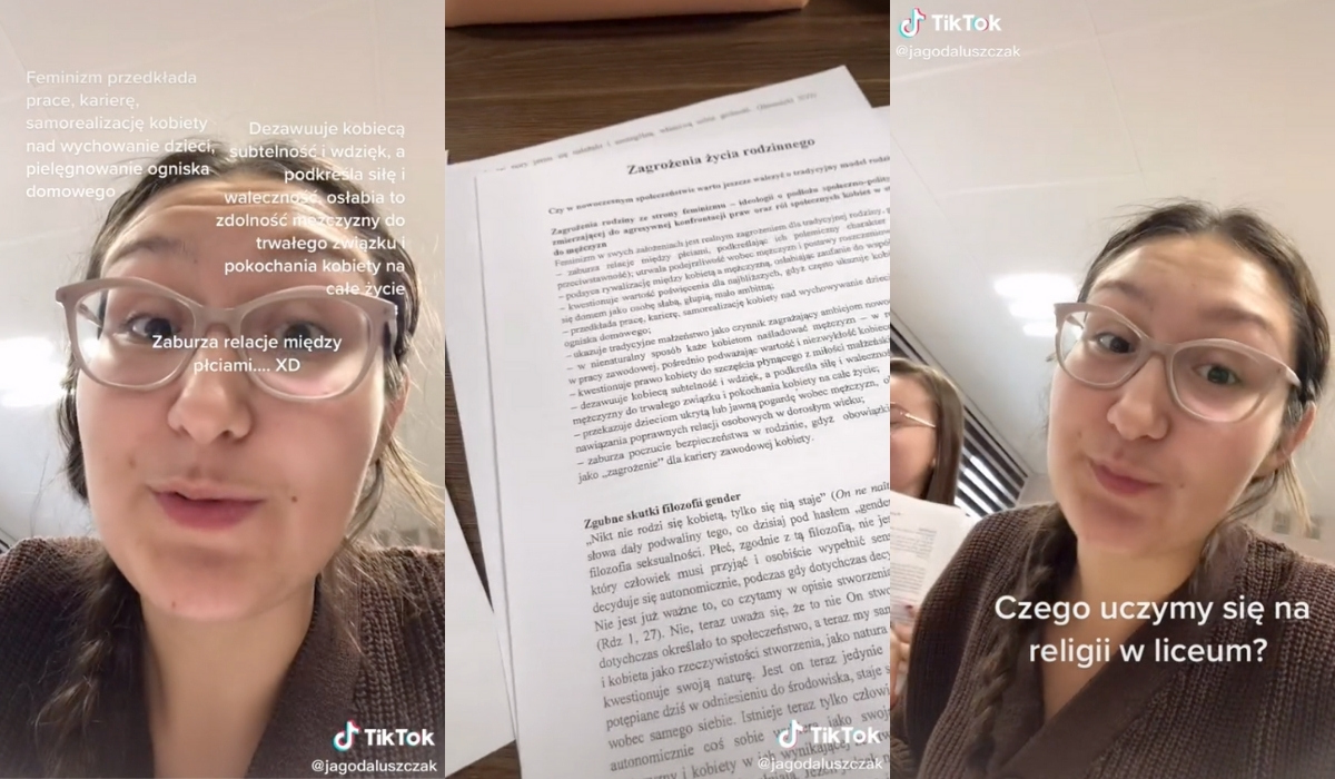 Uczennica pokazała lekcję religii na TikToku: "feminizm osłabia zdolność mężczyzny do związku"