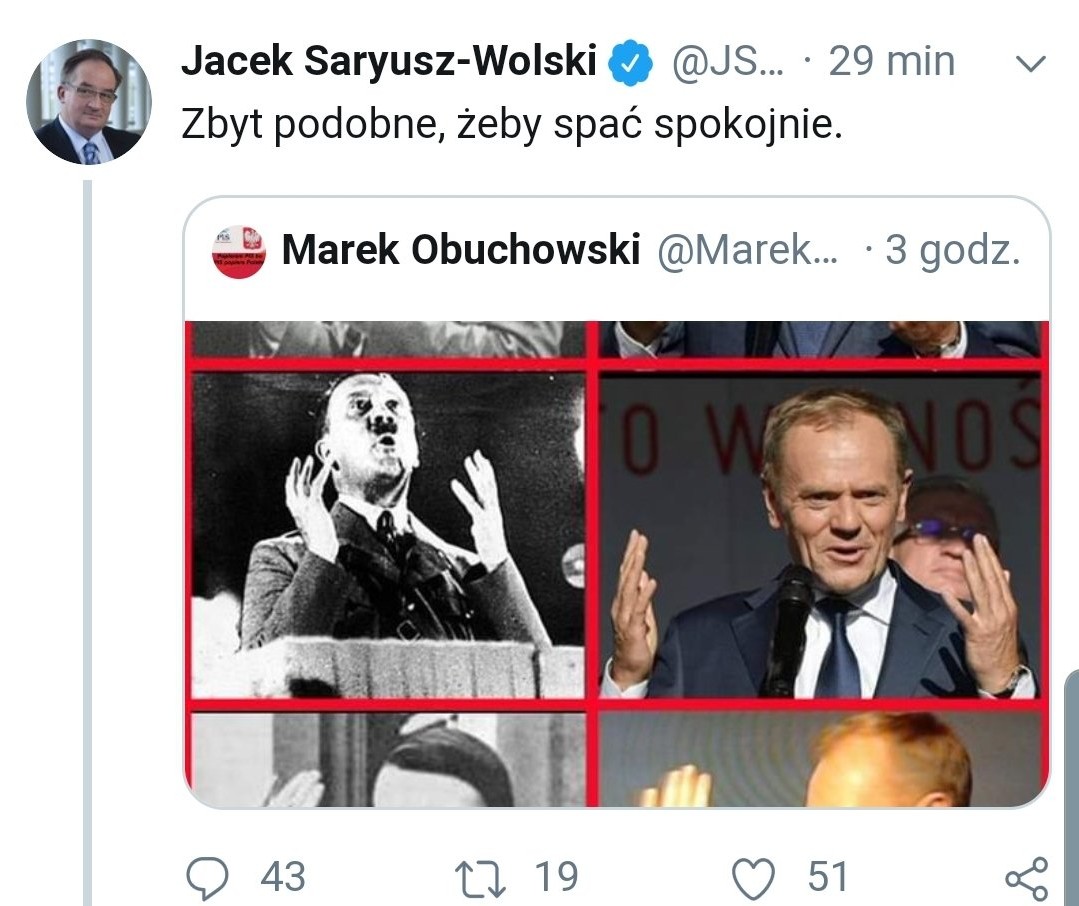 Piątek: Saryusz-Wolski też porównał Tuska do Hitlera