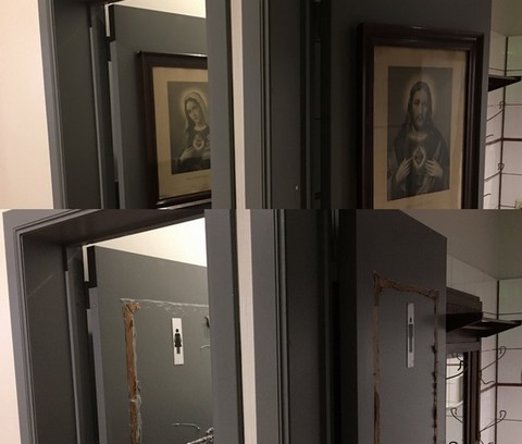 Dziennikarz "Sieci" zbulwersowany obrazem Jezusa i Maryi na drzwiach toalety w Brukseli