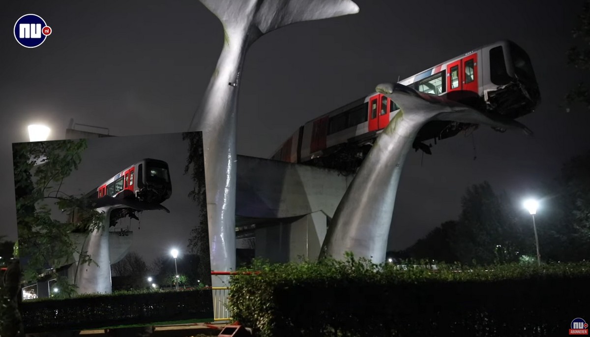 Holandia: pociąg metra wyjechał poza estakadę i elegancko zawisł na ogonie wieloryba