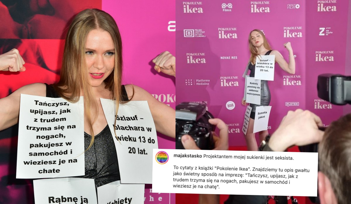 Maja Staśko zawitała na premierę filmu "Pokolenie Ikea" obwieszona s*ksistowskimi cytatami z książki