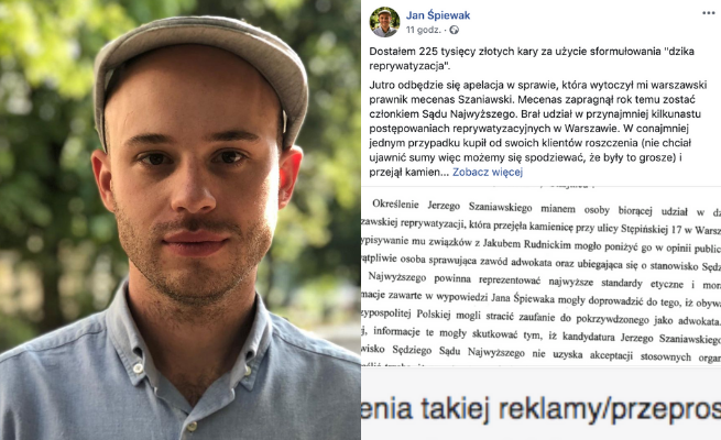 225 tysięcy zł kary dla Jana Śpiewaka za określenie "dzika reprywatyzacja"