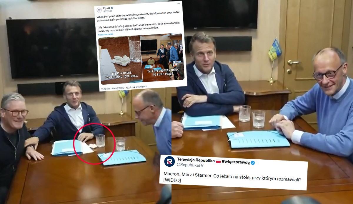 TV Republika nabrała się na ruskiego fejka o białym proszku na stole Macrona, który okazał się pogniecioną chusteczką