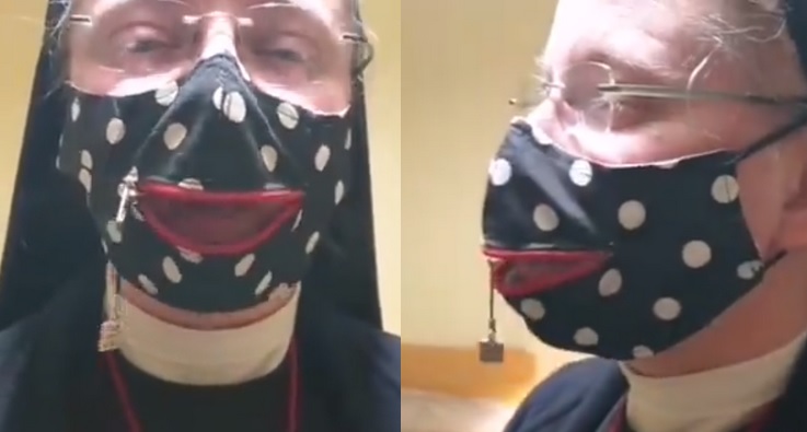 Zakonnica promuje maseczkę liturgiczną do przyjmowania Komunii Świętej