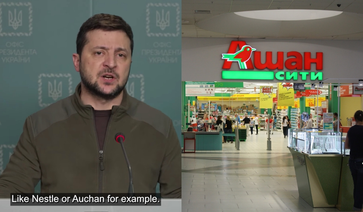 Prezydent Zełenski wprost skrytykował Auchan, Nestle i inne firmy, które dalej robią biznes w Rosji