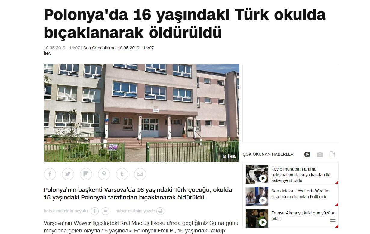 Tureckie media informują o "polskim chłopcu, który zabił nożem tureckiego chłopaka"