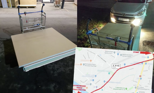 Wrocław: dwóch panów przejanuszowało i holowali materiały budowlane na wózku ze sklepu