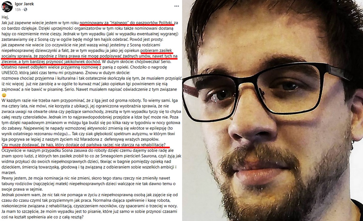 Pisarz żali się na prawo w Polsce: pobierając zasiłek socjalny na chorą córkę nie może pracować ani przyjąć nagrody pieniężnej