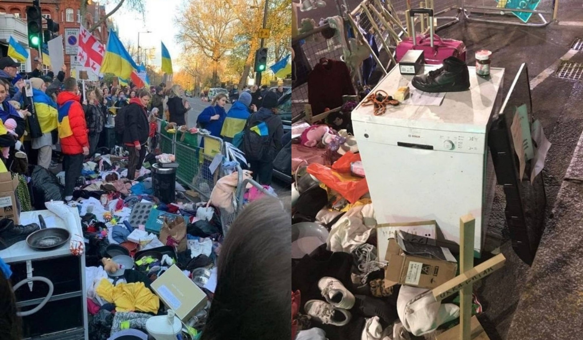 Londyńczycy przynieśli pod ambasadę Rosji rzeczy, które Rosjanie "mogą sobie zabrać jako trofea": pralki, tostery, patelnie, ubrania