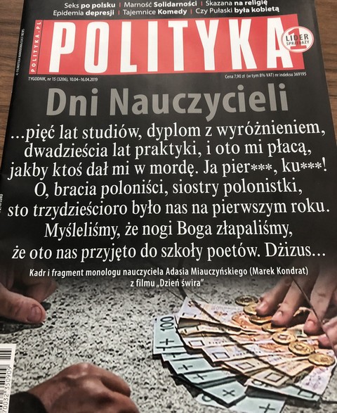 Monolog Adasia Miauczyńskiego na okładce "Polityki"