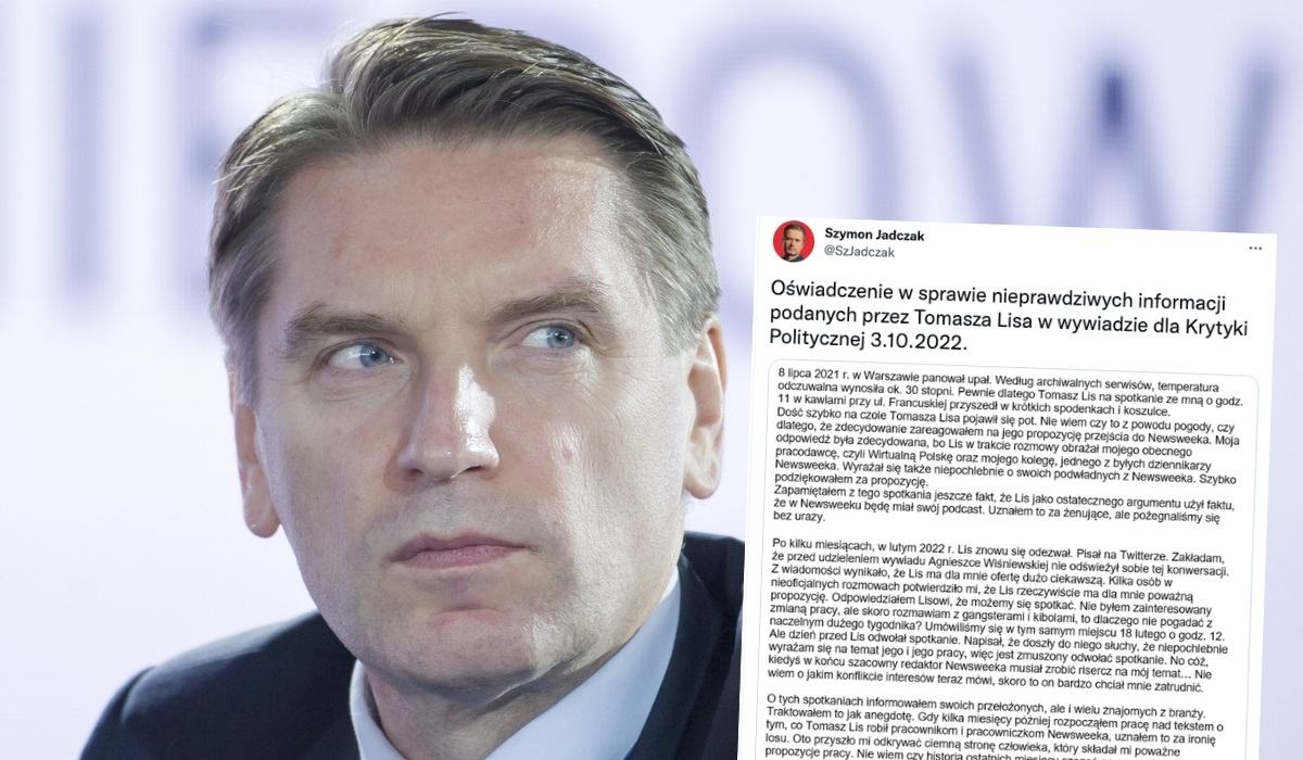 Tomasz Lis oskarża Jadczaka, że napisał tekst o mobbingu z zemsty za to, że go "odstrzelił"