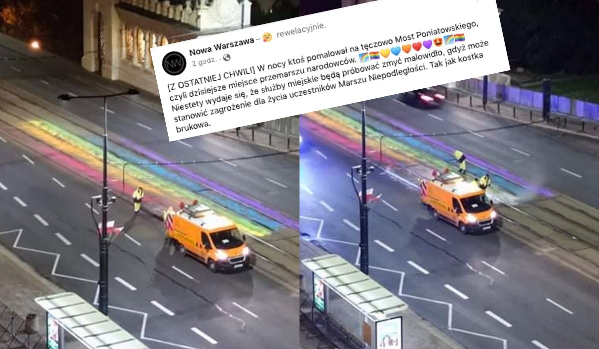 Ktoś namalował w nocy tęczę na trasie dzisiejszego Marszu Niepodległości