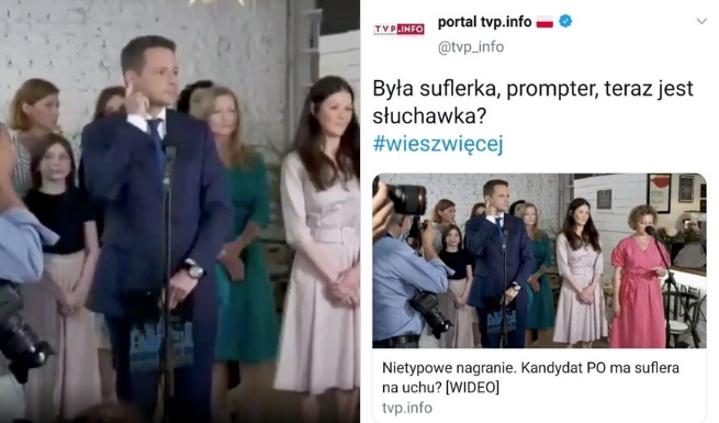 Trzaskowski drapie się po uchu, TVP Info: to słuchawka