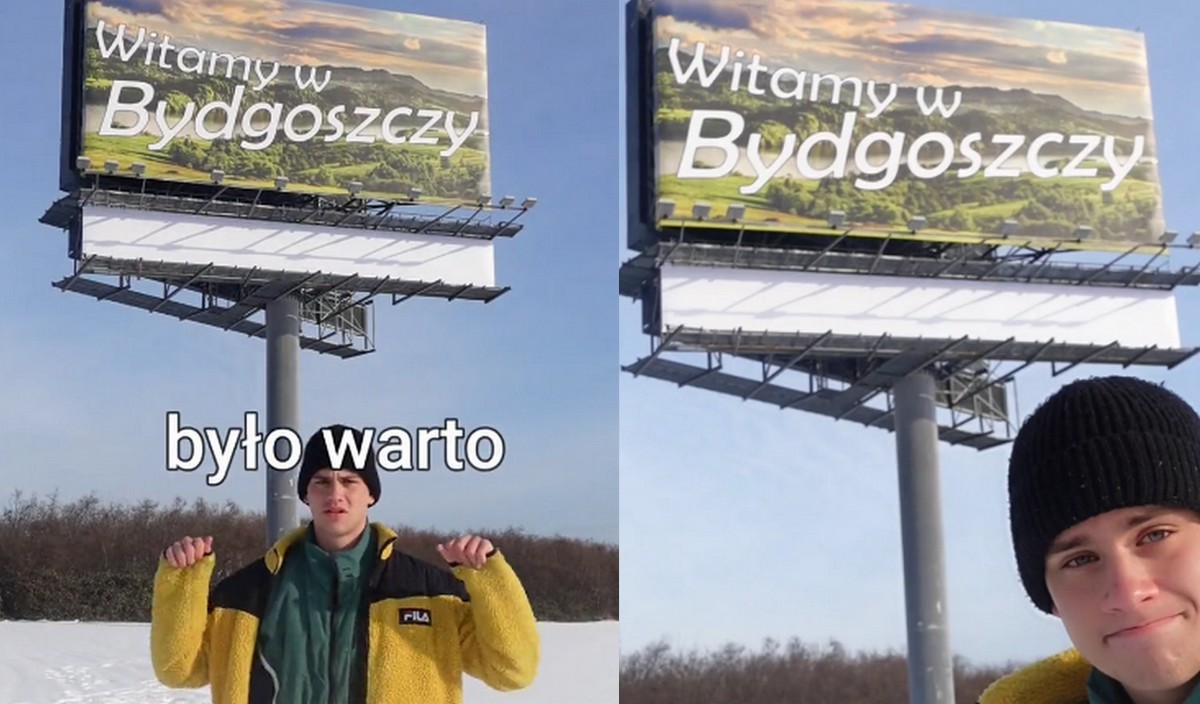 TikToker wykupił billboard pod Warszawą z napisem "Witamy w Bydgoszczy", żeby trollować kierowców
