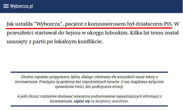 Wyborcza złośliwie ujawniła, że pierwszy chory na koronawirusa był działaczem PiS