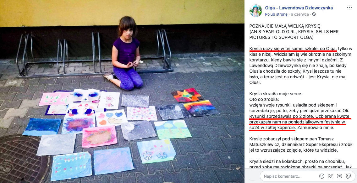 7-letnia Krysia sprzedaje swoje obrazki na ulicy, żeby pomóc koleżance z nowotworem