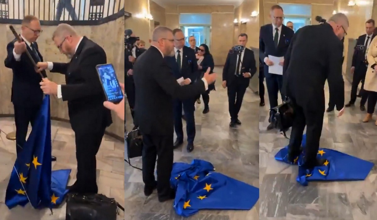 Grzegorz Braun wytarmosił flagę Unii Europejskiej z ministerstwa, tłumaczył, że "tu jest Polska nie Bruksela"