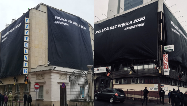 Wielkie banery Greenpeace na siedzibach PiS i Platformy 