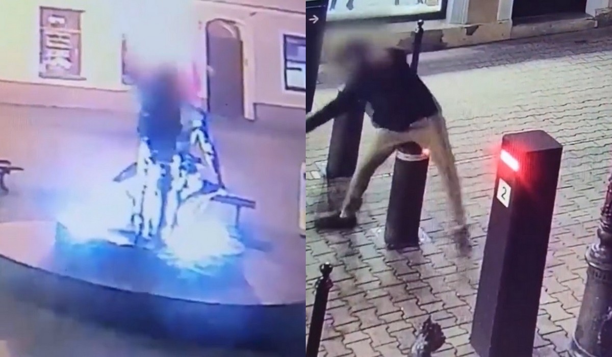 Zielona Góra: pijany facet bił pomnik Bachusa, lecz dostrzegły go muzy policji, w sensie monitoring