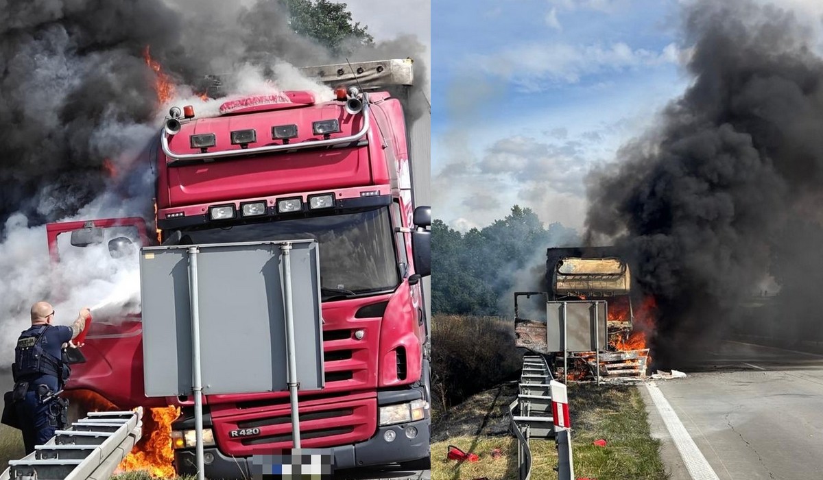 Policjanci i przypadkowi kierowcy współpracowali i ogarnęli elegancko pożar ciężarówki