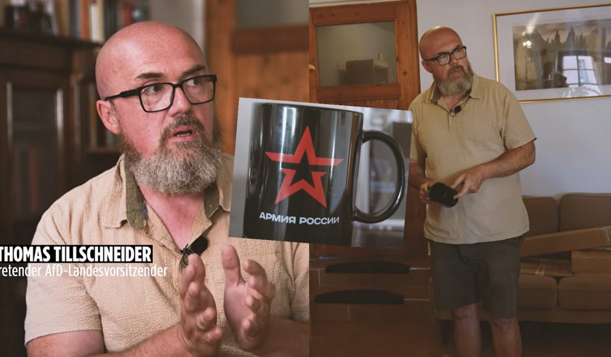 Zawstydzony polityk AfD, przyłapany z kubkiem armii rosyjskiej, próbował wpływać na media, żeby nie publikowały o tym materiału