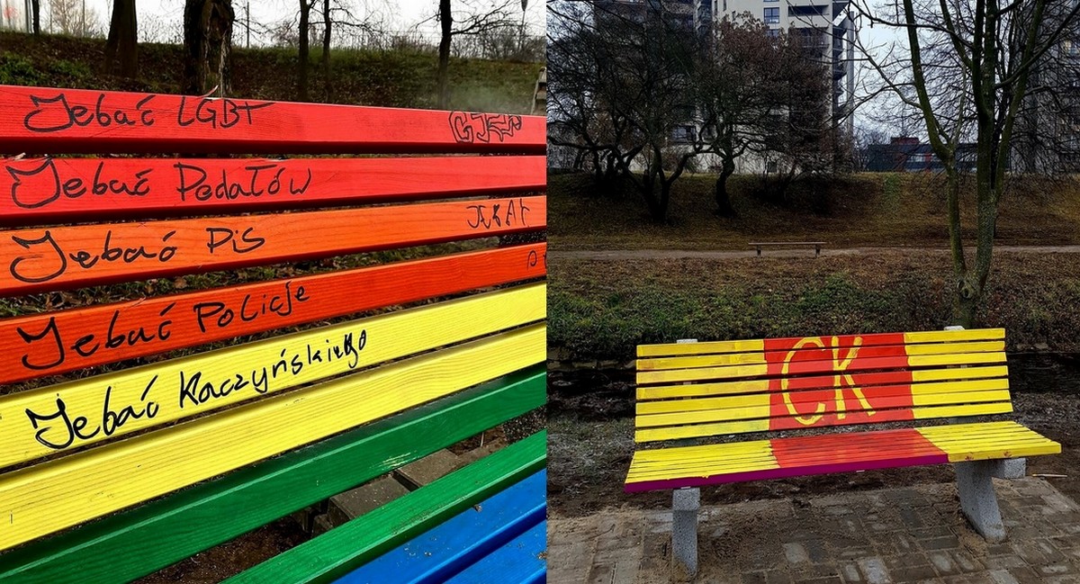 Kielce: stanęły pierwsze tęczowe ławki i już zostały zdewastowane