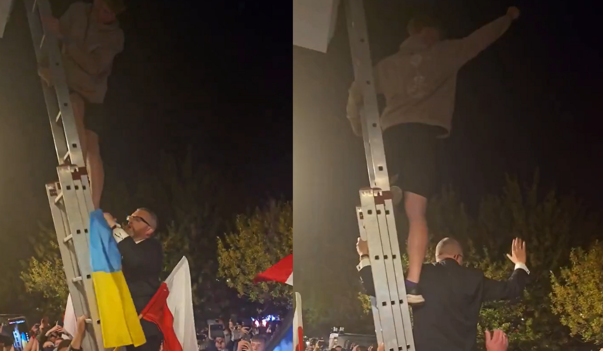 Policja zajmie się szturmem Grzegorza Brauna na ukraińską flagę podczas jego wiecu